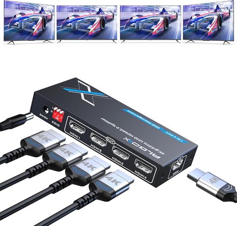 ALGOX HDMI 2.0 Splitter 1 in 4 Out 4K@60Hz 4:4:4, 4 UHD Images and Audios Output Simultaneously Supports HDR10 Dolby Vision 3D Video and EDID Management, with Power Adapter (AX-ESP124HE) in Kuwait