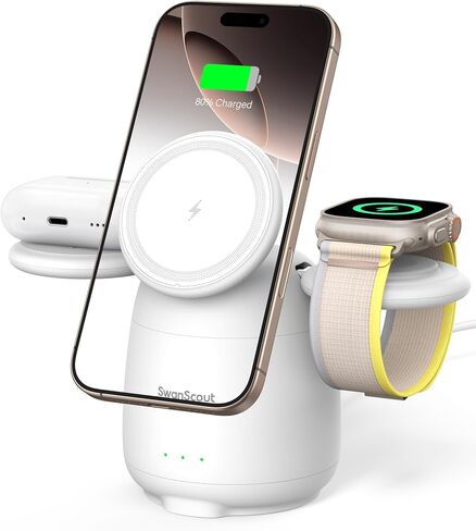 Charging Station for iPhone 16, 3 in 1 Wireless Charger Compatible with MagSafe for iPhone 15/14/13/12 Series, for Apple Watch Series 10-2, for AirPods 4/3/Pro, SwanScout 707M (No Adapter) in Kuwait