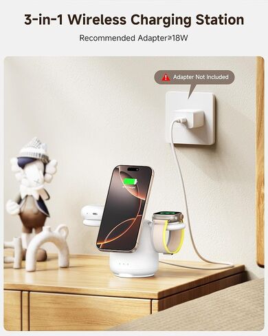 Charging Station for iPhone 16, 3 in 1 Wireless Charger Compatible with MagSafe for iPhone 15/14/13/12 Series, for Apple Watch Series 10-2, for AirPods 4/3/Pro, SwanScout 707M (No Adapter) in Kuwait