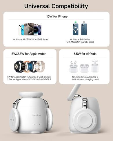 Charging Station for iPhone 16, 3 in 1 Wireless Charger Compatible with MagSafe for iPhone 15/14/13/12 Series, for Apple Watch Series 10-2, for AirPods 4/3/Pro, SwanScout 707M (No Adapter) in Kuwait