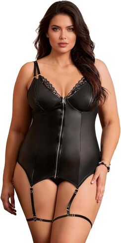 ohyeahlady Lingerie Plus Size Lace Stitching Zipper Teddy Black Party Clubwear in Kuwait
