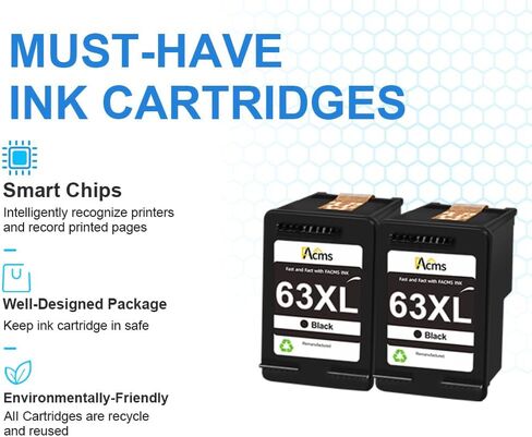 إعادة تصنيع 63XL استبدال خرطوشة الحبر الأسود لـ HP 63 63XL لـ HP OfficeJet 3830 5255 5258 ENVY 4520 4512 4513 4516 Deskjet 1112 1110 3630 3632 3634 2130 2132 Printer (2 Black) in Kuwait