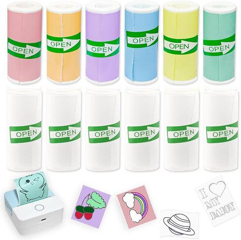 12 Rolls Self-Adhesive Mini Printer Sticker Paper - 6 White & 6 Vibrant Colors for M02/T02 Printers (Remove Inner Paper Holder), Thermal Sticker Paper for Photos, Lists, Study Notes & Scrapbooking in Kuwait