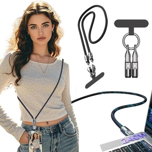 2 in 1 USB-C Phone Lanyard Cable, 240W Fast Charging & Data Transfer Strap, Crossbody Type-C Cord for Samsung Galaxy S25 S24 S23, Xiaomi, iPhone 16 15 Series and Other USB-C Devices–Colorful in Kuwait