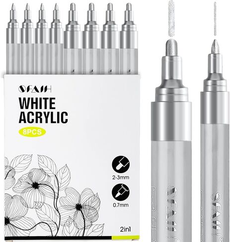 SFAIH Acrylic Silver Paint Pens - 8 Pack 2-3MM Medium Tip & 0.7MM Extra Fine White Paint Marker for Rock Painting, Wood, Metal, Fabric, Canvas, Glass, Ceramic, Diy Crafts in Kuwait
