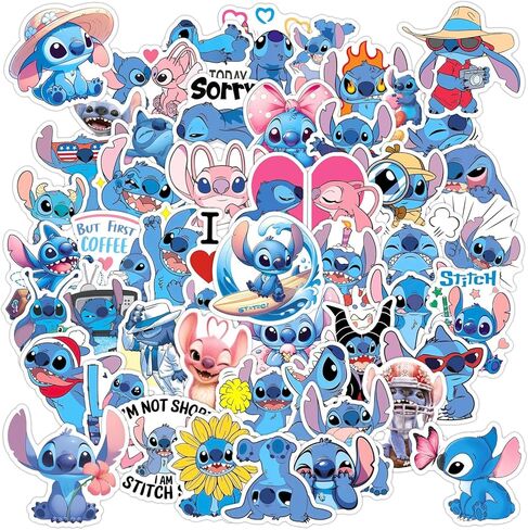 50pcs كرتون ليلو وملصقات غرزة للأطفال ، ملصق غرزة مقاوم للماء فينيل لزجاجة ماء ملصق لعبة كمبيوتر محمول لـ DIY تزيين الهاتف الصلب قبعة صلبة أطفال المراهقين in Kuwait