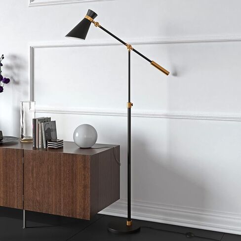 Henn&Hart Two-Tone/Height-Adjustable Floor Lamp with Metal Shade in Ebony/Gold, for Home, Living Room, Bedroom, Entertainment Room, Office, Kitchen, Dining in Kuwait