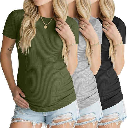 Ficerd 3 Pack Women's Maternity Shirts Ribbed Cotton Pregnancy Tops Short Sleeves Crew Neck Summer Mama Clothes in Kuwait