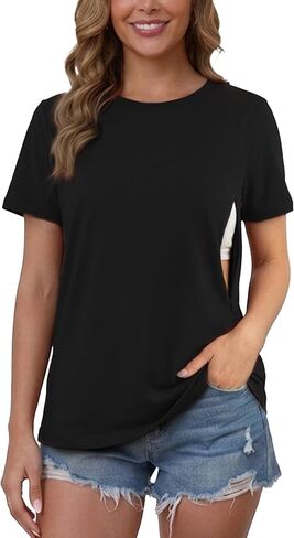 Ecavus Women's Short Sleeve Nursing Shirts for Breastfeeding Hidden Zippers Maternity Nursing Tops in Kuwait