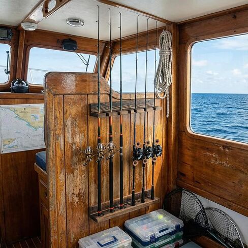 MyGift Horizontal Fishing Rod Holder, Deluxe Rustic Burnt Solid Wood Wall or Ceiling Mounted Fishing Pole/Rod Storage Organizer Rack, Holds 5 Rods in Kuwait