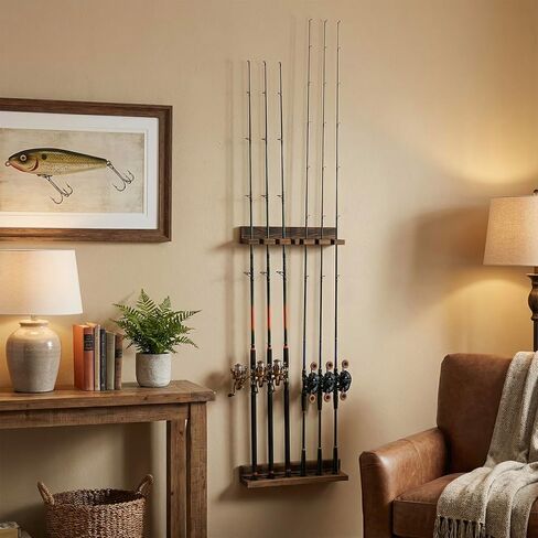 MyGift Horizontal Fishing Rod Holder, Deluxe Rustic Burnt Solid Wood Wall or Ceiling Mounted Fishing Pole/Rod Storage Organizer Rack, Holds 5 Rods in Kuwait