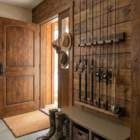MyGift Horizontal Fishing Rod Holder, Deluxe Rustic Burnt Solid Wood Wall or Ceiling Mounted Fishing Pole/Rod Storage Organizer Rack, Holds 5 Rods in Kuwait