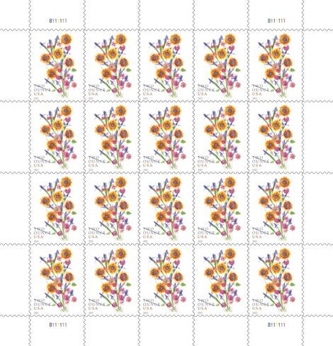 Sunflower Bouquet Stamp Sheet of 20 Two Ounce Rate Postage Stamps in Kuwait