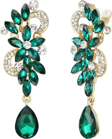 BriLove Women's Bohemian Boho Crystal Flower Wedding Bridal Chandelier Teardrop Bling Clip-On Dangle Earrings in Kuwait
