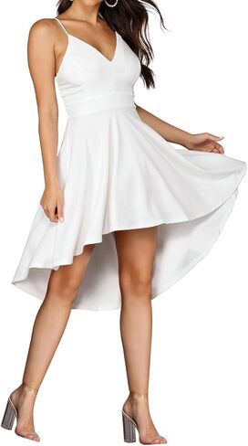 FANCYINN Women High-Low Hem Dress Spaghetti Straps Deep V Neck Floral Backless A Line Skater Cocktail Dresses with Pockets in Kuwait