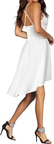 FANCYINN Women High-Low Hem Dress Spaghetti Straps Deep V Neck Floral Backless A Line Skater Cocktail Dresses with Pockets in Kuwait