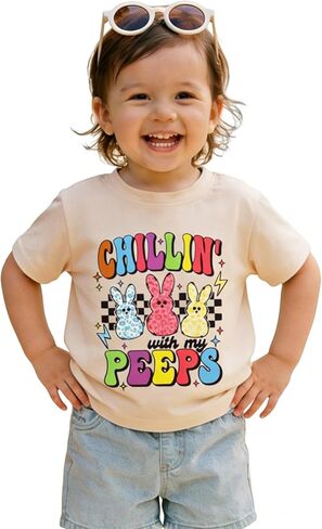 Modntoga Toddler Girl Easter Oester Outfit Bunny Graphic T-Shirt chillin 'with my peeps letter refer in Kuwait