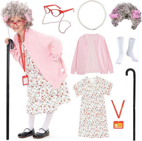 FAYBOX 9 pcs Old Lady Costume for Kids,100 Days of School Costume Old Lady Wig for Girls, Granny Grandma Dress Up in Kuwait