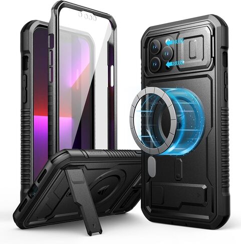 Dexnor for iPhone 13 Pro Max Case with Camera Cover, Compatible with MagSafe, Built-in Screen Protector, Heavy-Duty Shockproof Full-Body Rugged Protective Magnetic Cover with Kickstand, Black in Kuwait