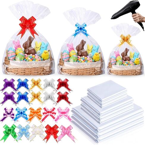 Yexiya 200 Pcs Shrink Wrap Bags for Gift Baskets 3 Sizes Cellophane Bags 24" x 32" 20" x 28" 16" x 24" Clear PVC Heat Shrink with 120 Pull Bows Large Cellophane Wrap for Graduation Holiday Present in Kuwait