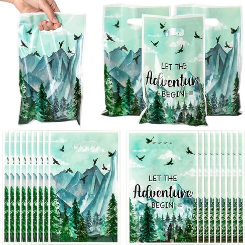 ANGOLIO 50Pcs Let the Adventure Begin Party Favor Bags, Adventure Tour Plastic Loot Gifts Bags, Camping Goody Candy Treat Packaging with handles for Kids Adventure Tour Themed Birthday Party Supplies in Kuwait
