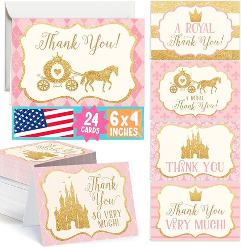Hadley Designs 24 Princess Baby Shower Thank You Cards, Envelopes, Kids Thank-You Note, 4x6 Gratitude Card Gift For Guest Pack For Party, Birthday for Girl Children, Cute Pink Royal Queen Crown Event in Kuwait