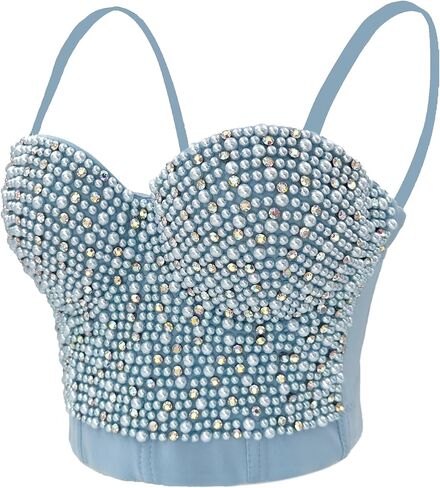ELLACCI Sexy Pearls Beaded Rhinestone Bustier Crop Top Push up Corset Top with Detachable Straps Blue in Kuwait