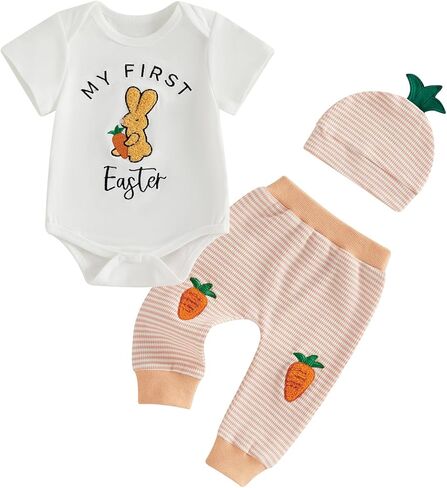 Kuriozud Newborn Baby Boy Easter Outfit Bunny Romper Top and Pants Set with Bunny Ear Hat Infant 3 Piece Spring Clothes in Kuwait