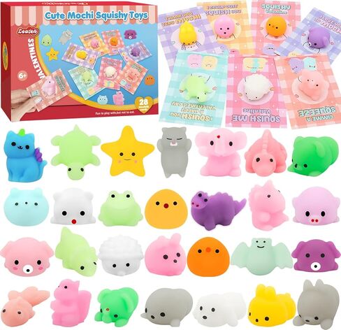 28 Pack Valentine Mochi Squishies Toys and Valentine Cards for Kids, Animal Mochi Squishies Filled Hearts, Kawaii Squishies Stress Relief Fidget Toys Classroom Exchange Party Favors Prizes Gifts in Saudi Arabia