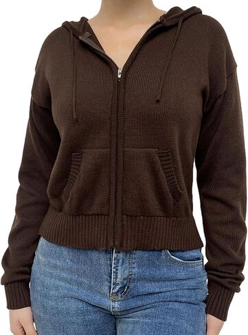 سترة بقلنسوة وأكمام طويلة للنساء من Faretumiya سترة بغطاء للرأس ومتماسكة ومضلعة سترة Y2k لطيفة بلوفر in Kuwait