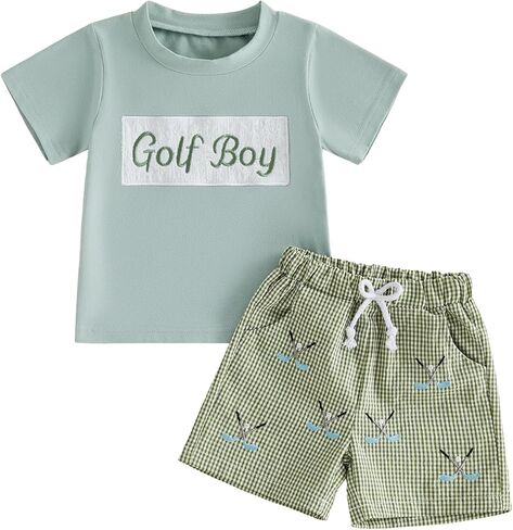 ZAXARRA Toddler Boys Summer Outfit Golf Embroidered Short Sleeve Round Neck Tops Elastic Waistband Plaid Shorts Set in Saudi Arabia