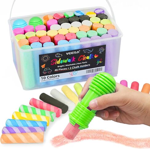 VEESA Sidewalk Chalk, 10 Colors in 52 pcs 4" x 1" Non-Toxic Jumbo Chalk, Colored Chalk Bulk for kids Adults, Draw on Chalkboard, Blackboard and Outdoor Playground in Saudi Arabia