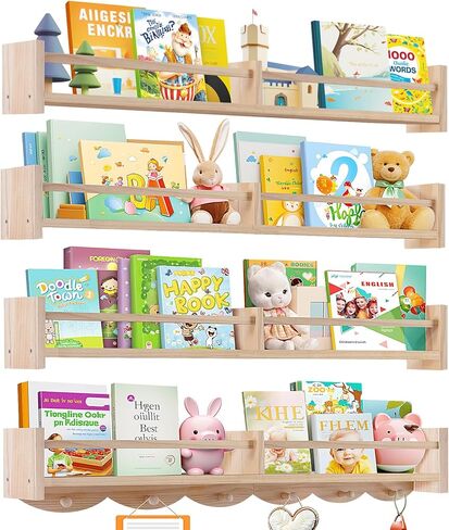 34Inch Nursery Book Shelves Wall Mounted, Floating Book Shelf for Kids Coat Rack with 6 Hooks, Wall Hanging Shelf for Baby Nursery Room Organizer ，Patent Number:US-D1058229-S(4, Burlywood) in Kuwait