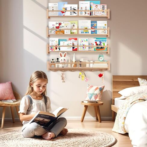 34Inch Nursery Book Shelves Wall Mounted, Floating Book Shelf for Kids Coat Rack with 6 Hooks, Wall Hanging Shelf for Baby Nursery Room Organizer ，Patent Number:US-D1058229-S(4, Burlywood) in Kuwait