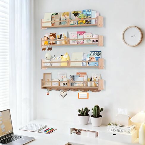 34Inch Nursery Book Shelves Wall Mounted, Floating Book Shelf for Kids Coat Rack with 6 Hooks, Wall Hanging Shelf for Baby Nursery Room Organizer ，Patent Number:US-D1058229-S(4, Burlywood) in Kuwait