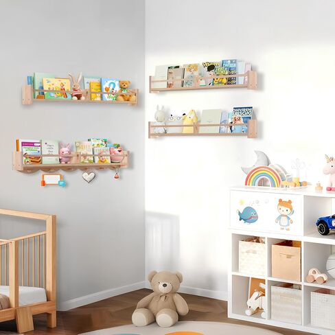 34Inch Nursery Book Shelves Wall Mounted, Floating Book Shelf for Kids Coat Rack with 6 Hooks, Wall Hanging Shelf for Baby Nursery Room Organizer ，Patent Number:US-D1058229-S(4, Burlywood) in Kuwait