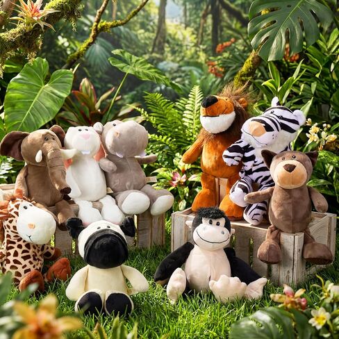 9 PCS Plush Jungle Animals Toys Jungle Safari Punded Animals Bundle 9.9 Inch Cute Toys تشمل Tiger Lion Elephant Monkey Zebra Raccoon Rhino Giraffe for Kids Plush theme Party in Kuwait