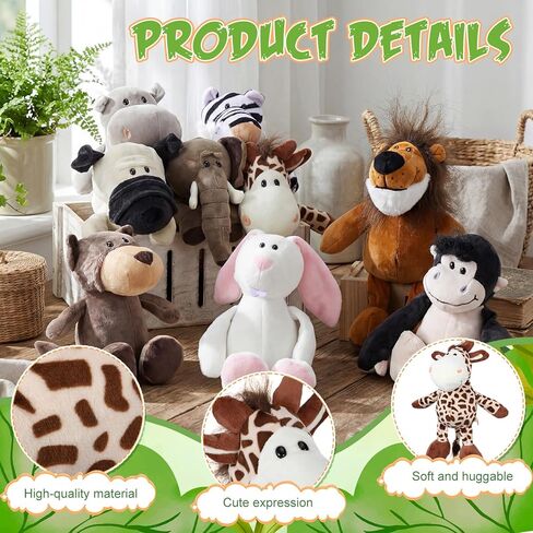 9 PCS Plush Jungle Animals Toys Jungle Safari Punded Animals Bundle 9.9 Inch Cute Toys تشمل Tiger Lion Elephant Monkey Zebra Raccoon Rhino Giraffe for Kids Plush theme Party in Kuwait