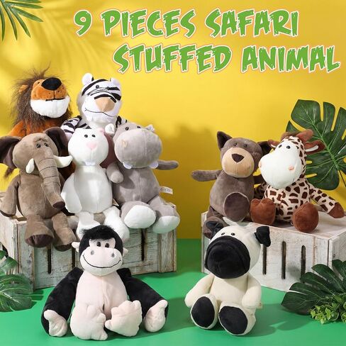 9 PCS Plush Jungle Animals Toys Jungle Safari Punded Animals Bundle 9.9 Inch Cute Toys تشمل Tiger Lion Elephant Monkey Zebra Raccoon Rhino Giraffe for Kids Plush theme Party in Kuwait
