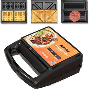 Sunvivi 3 in 1 Sandwich Maker, Electric Waffle Maker with Removable Non-stick Plates, 850W Panini Press Grill with Glass Top, Cool Touch Handle & Easy to Clean, Black in Kuwait