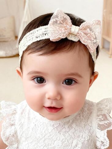 Baby Girls Lace Headband Soft Elastic Lace Flower Headbands with Pearl Bowknot Handmade HairBand Wide Wrap Hair Accessory for Newborn Infant Toddler Kids Birthday Party (Sequins, Universal) in Saudi Arabia