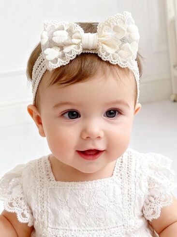 Baby Girls Lace Headband Soft Elastic Lace Flower Headbands with Pearl Bowknot Handmade HairBand Wide Wrap Hair Accessory for Newborn Infant Toddler Kids Birthday Party (Sequins, Universal) in Saudi Arabia