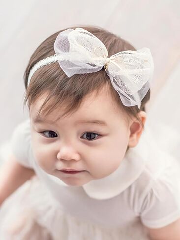 Baby Girls Lace Headband Soft Elastic Lace Flower Headbands with Pearl Bowknot Handmade HairBand Wide Wrap Hair Accessory for Newborn Infant Toddler Kids Birthday Party (Sequins, Universal) in Saudi Arabia