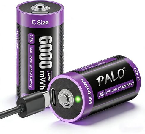 Rechargeable C Batteries with Charger 2 Pack, 1.5V Li-ion 6000 mWh C Cell Batteries with 2 in 1 Type-C Charging Cable for Household and Office Devices in Kuwait