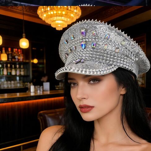 IZUS Women Rhinestone Captain Hats Men Punk-Rock Military Cap Sequins Disco Party Hat Bling Rivet-Spike Caps Hen Party in Kuwait