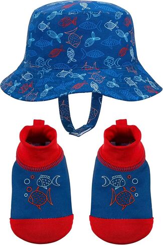 Kids Boys and Girls, Baby Swim Marbleized Hat and Booties Set, Pink Bow, Sun Protection UPF 50+ - Age 0-12 Months in Kuwait