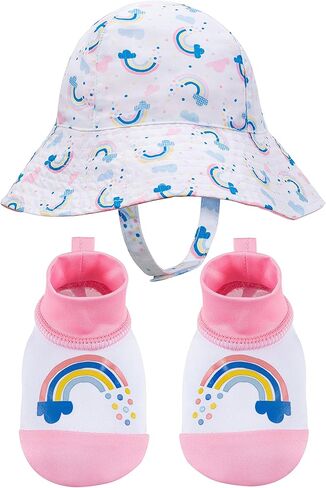 Kids Boys and Girls, Baby Swim Marbleized Hat and Booties Set, Pink Bow, Sun Protection UPF 50+ - Age 0-12 Months in Kuwait