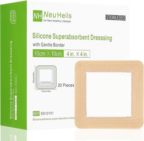 NeuHeils Silicone Super Absorbent Wound Dressing 4''x4'' 20 Packs, Self-Adhesive Waterproof Bandage with Ultrasorb Pad for Heavy Exudates Wound, Soft Gauze Island Dressing in Kuwait