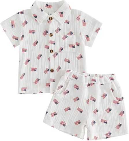 4th of July Toddler Baby Boy Outfit Popsicle Short Sleeve Cotton Linen Button Down Shirt Shorts Set Patriotic Outfit in Saudi Arabia