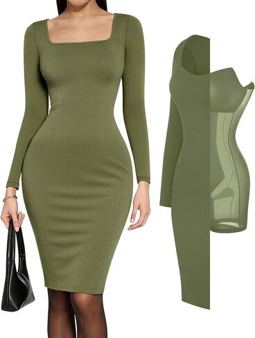Popilush Long Sleeve Midi Dress Bodycon Party Dress Shapewear Tummy Control Fall Cocktail Dresses Built-in Bra in Kuwait